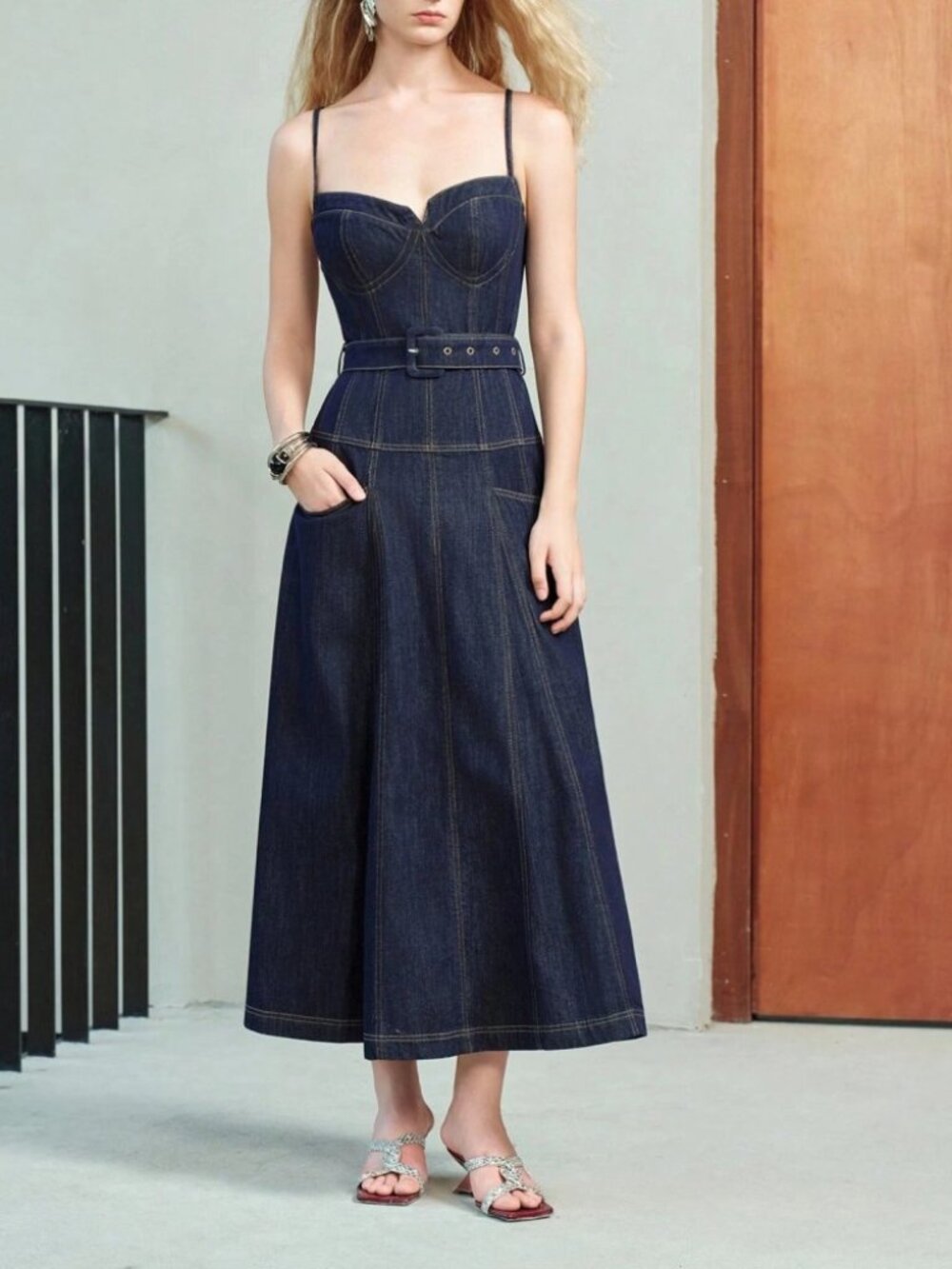 Indigo Denim Corset Maxi Dress with Belted Waist